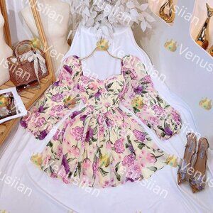 FLORAL LONGSLEEVE PADDED BALLOON DRESS PURPLE FLOWER WOMEN'S CLOTHING DRESSES